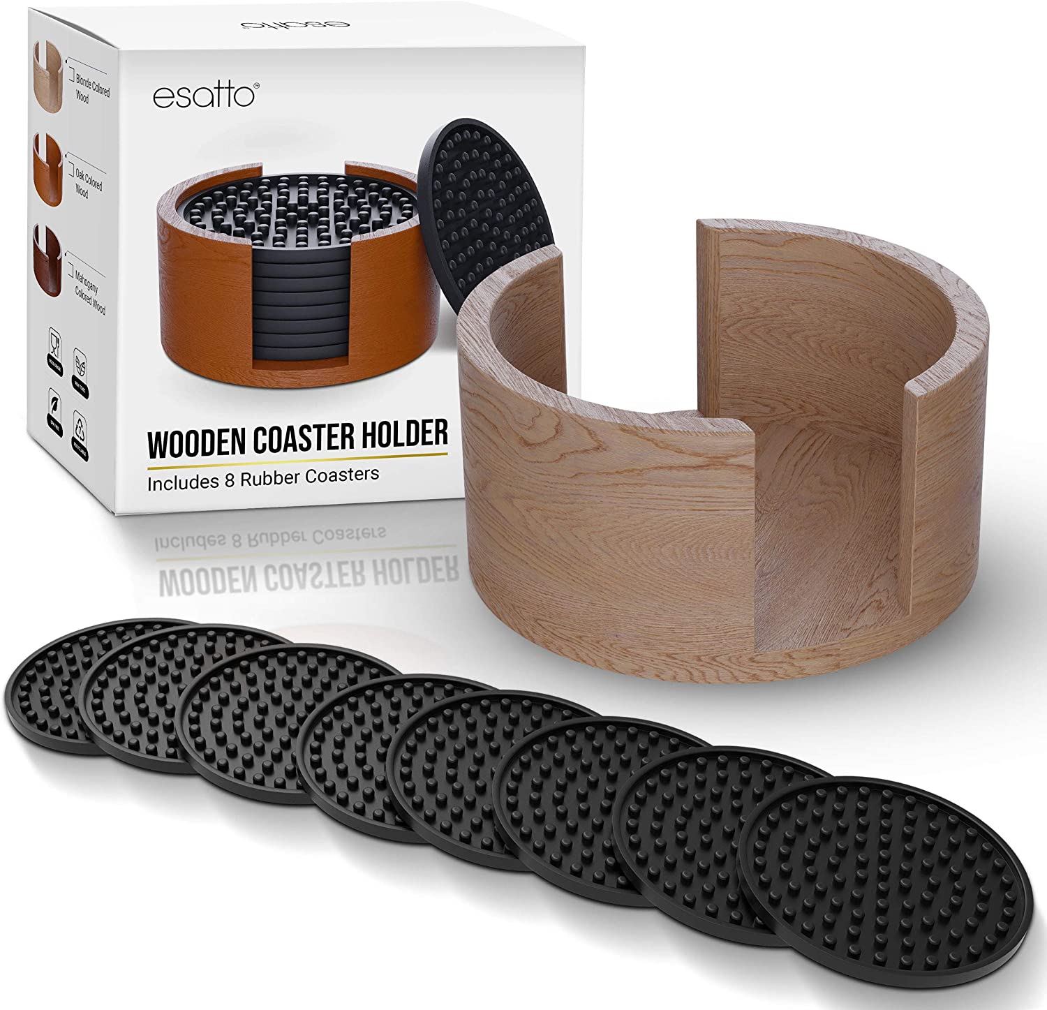 Featured image for “Esatto Round Wooden Stylish Rubber Coaster Sets with Holder (Blond Colored Wood), Including 8 Rubber Coasters for Drinks, Can Also Hold Any Other Coasters of 4.25 Inches in Diameter”