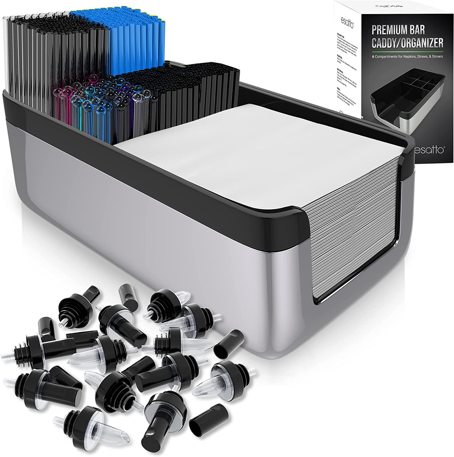 Featured image for “Esatto Bar Products Premium Bar Caddy (Chrome), With Additional 12 Pourers and 12 Pourer Covers”