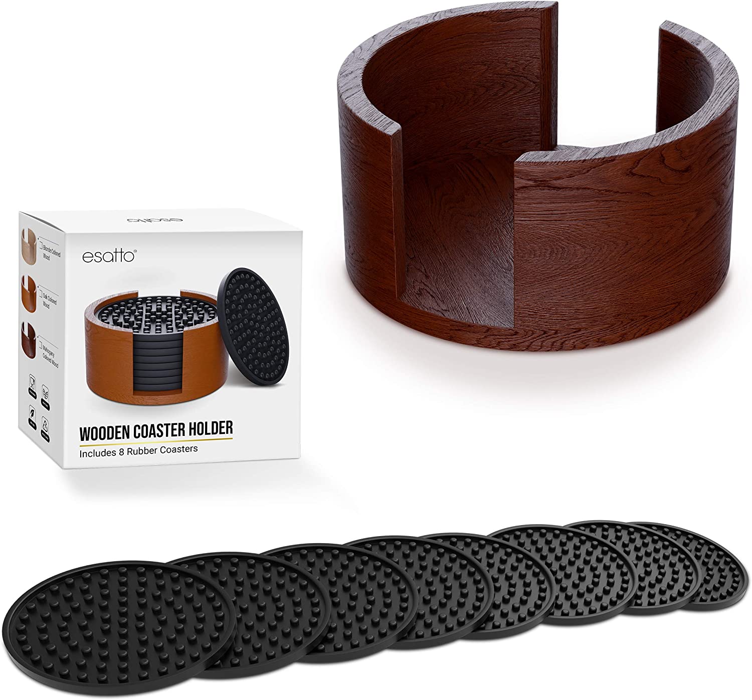 Featured image for “Esatto Round Wooden Stylish Rubber Coaster Sets with Holder (Mahogany Colored Wood), Including 8 Rubber Coasters for Drinks, Can Also Hold Any Other Coasters of 4.25 Inches in Diameter”